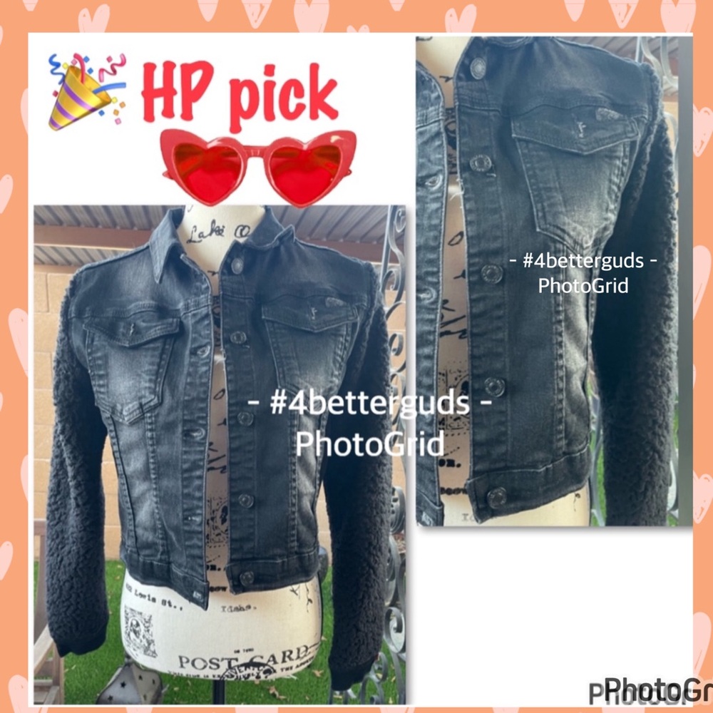 7 for All Mankind Black Denim Jean Jacket Soft Teddy Arm Sleeves Big Girls Sz XL